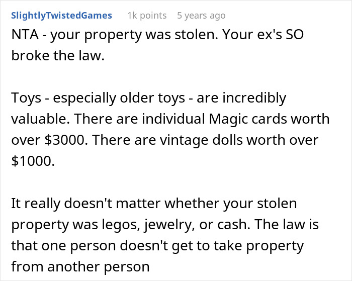 Comment discussing stolen property value, emphasizing cheating ex-wife's boyfriend stealing expensive Lego sets and legal consequences.