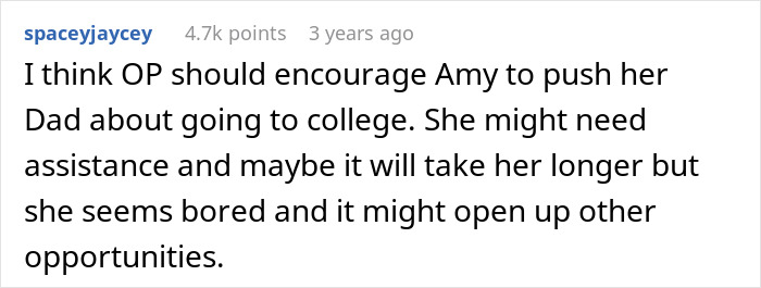 Screenshot of a Reddit comment suggesting encouragement for Amy to pursue college despite challenges and potential boredom.