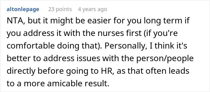Screenshot of a Reddit comment advising to address work issues with nurses directly before involving HR for a better outcome.