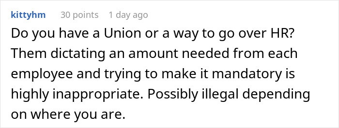 Comment about workplace conflict where a woman refuses to contribute to a coworker’s retirement gift after mistreatment.