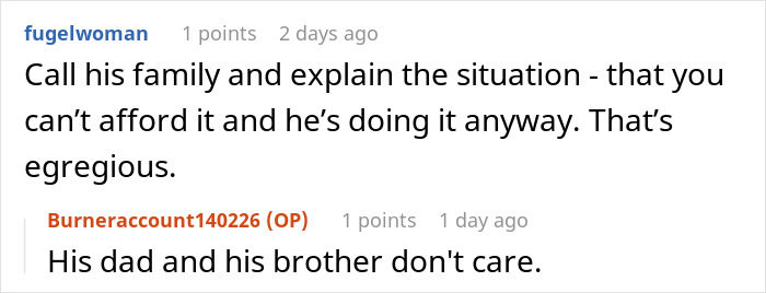 Reddit conversation showing wife horrified as jobless spouse drains emergency fund for essential World Cup expenses.