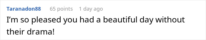 Reddit comment praising someone for having a beautiful day after cutting toxic family and excluding mother-in-law from wedding.