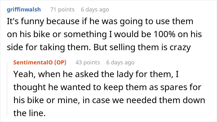 Screenshot of a discussion about a guy turning girlfriend’s bike spare parts into a payday and refusing to share profits.