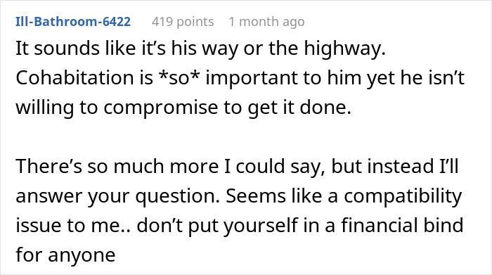 Comment from a forum discussing a man wanting to move in with his girlfriend but refusing to live in her apartment.