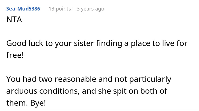 ALT text: Online comment discussing woman refusing to house sister after she refuses babysitting and cleaning tasks