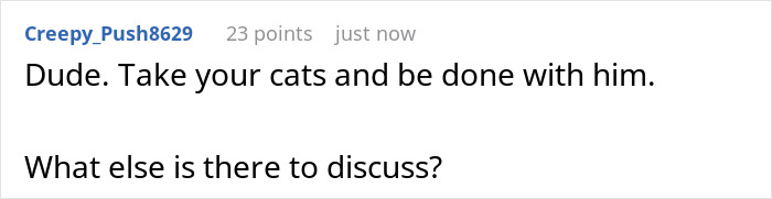 Comment text on a white background about taking cats and moving on, related to estranged wife checking on jailed hubby&rsquo;s cats.