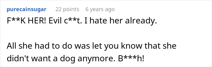 Screenshot of an online comment expressing anger towards a MIL who pretends dog passed away to get rid of him.