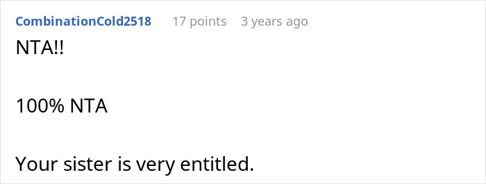 Screenshot of a Reddit comment calling the sister entitled in a discussion about refusing to babysit and clean.