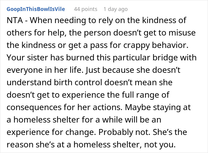 Pregnant sister staying at a homeless shelter facing challenges and consequences of her actions and decisions.