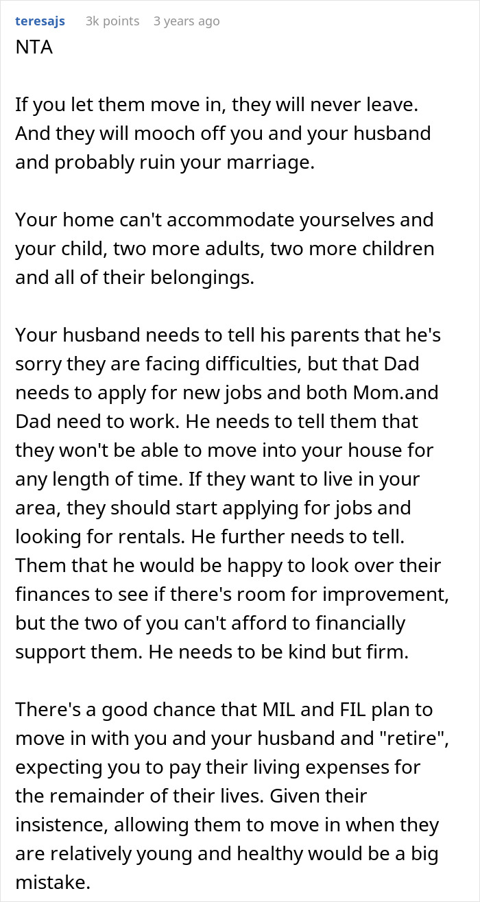 Comment advising a woman fed up with in-laws showing up unannounced and panicking over them wanting to move in.