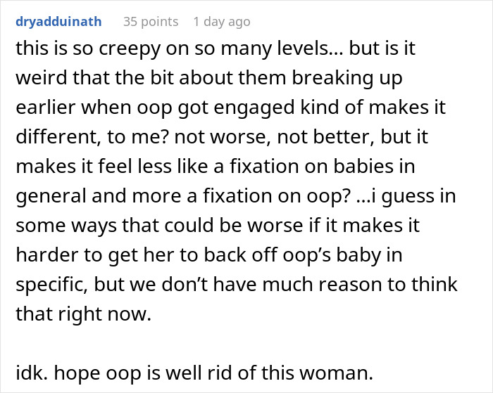 Alt text: Comment discussing dad's GF baby fever and daughter's reaction to her pregnancy obsession online