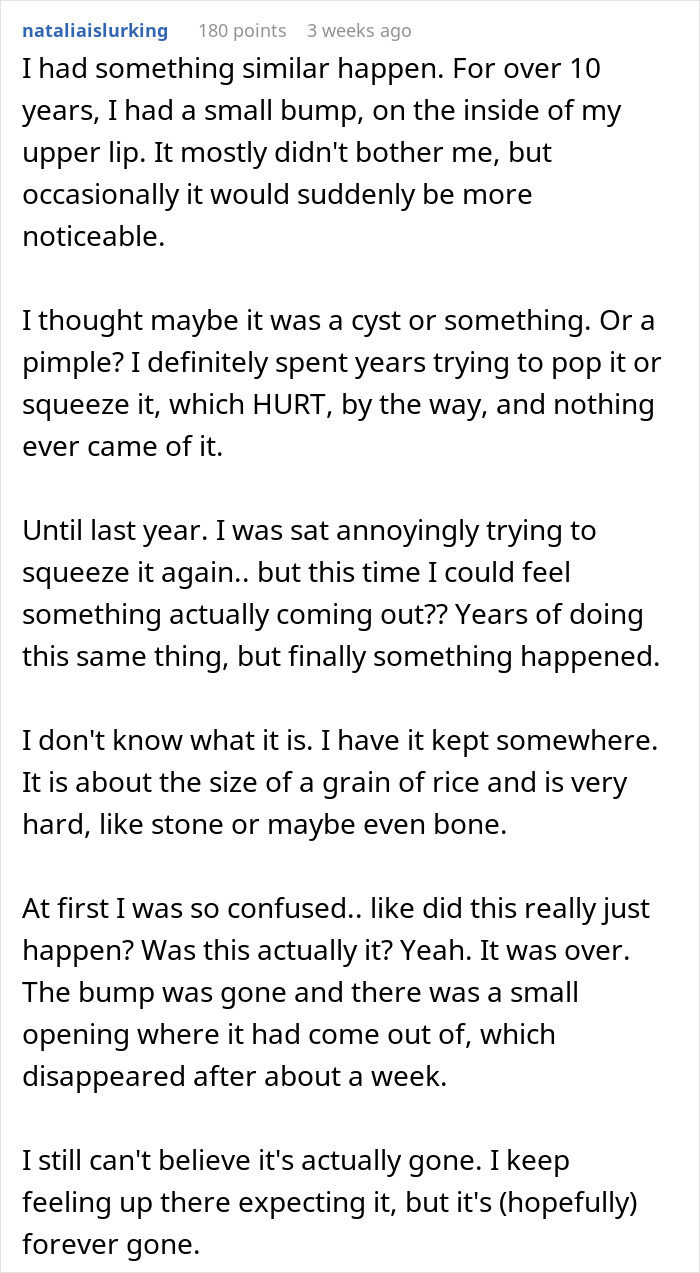 Commenter shares experience with long-term throat pain and a persistent bump finally resolving after years of discomfort.