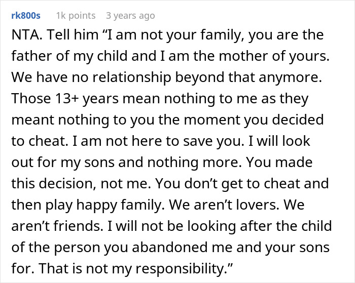 Commenter responds firmly to cheating guy demanding ex-wife act as limo driver for his new kid, delivering a swift reality check.