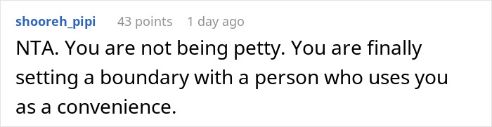 Screenshot of a user comment explaining setting boundaries with a woman who asks for favors but doesn&rsquo;t reciprocate.