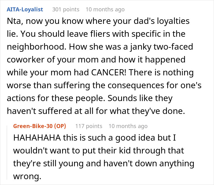 Reddit comments discussing an embarrassing step mother relationship affair involving betrayal during a family crisis.
