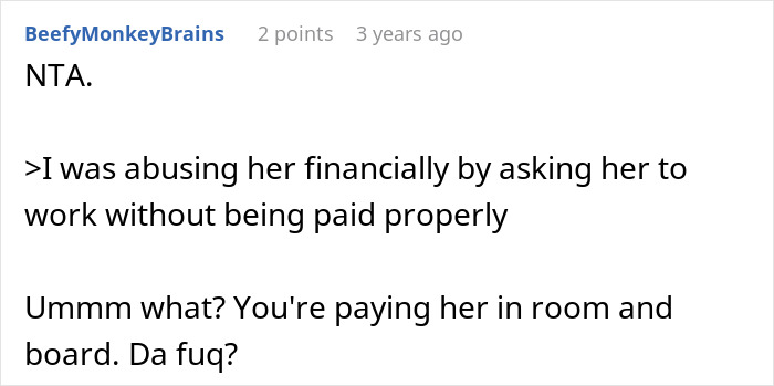 Screenshot of an online discussion where a user debates financial a***e and unpaid work related to babysitting and cleaning.