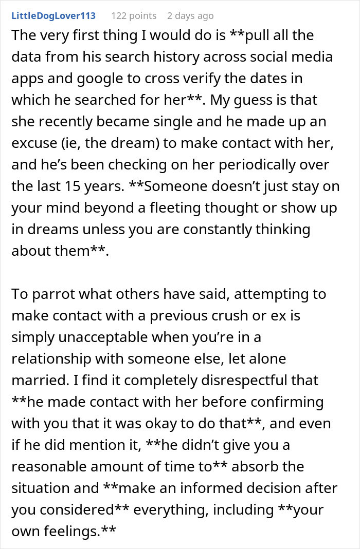 Screenshot of a Reddit comment discussing a married man texting a woman he loved 15 years ago and its impact.