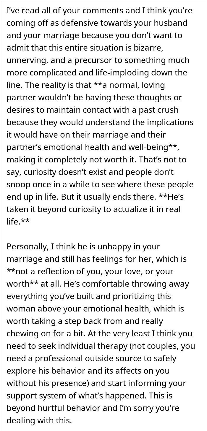 Text discussing a married man texting a woman he loved 15 years ago and the impact on his marriage and wife's emotional health.