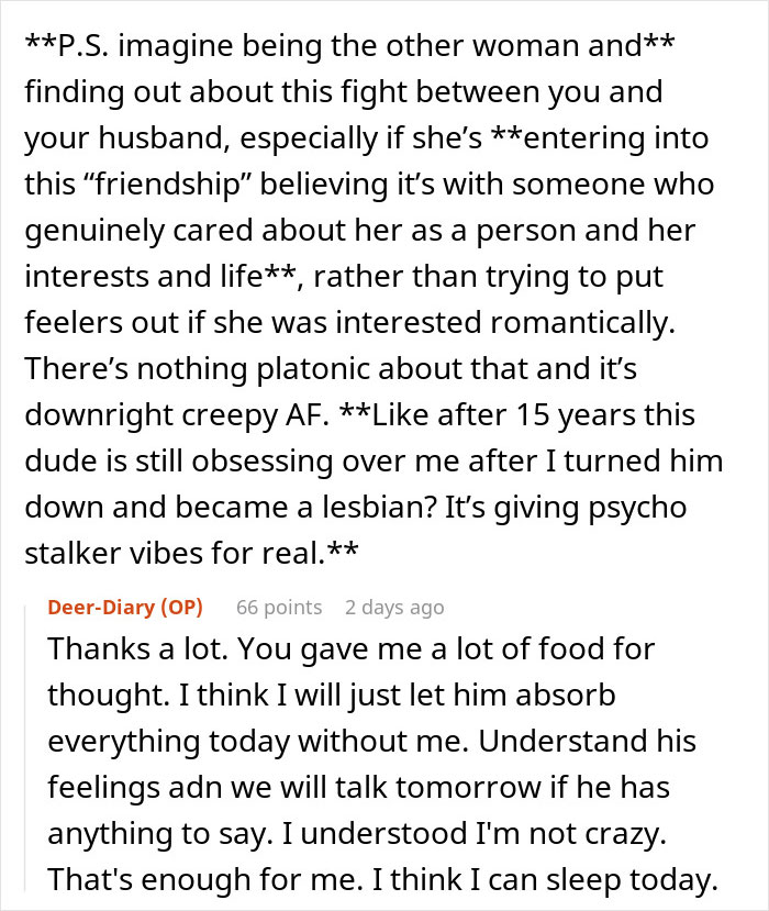 Screenshot of online comments discussing a married man texting a woman he loved 15 years ago, causing drama with his wife.