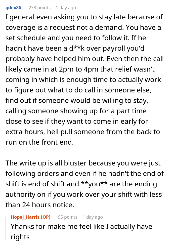 Commenter explains cashier following orders to not work overtime during crisis while manager reacts strongly.
