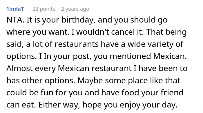 Text comment about a woman tired of her friend's strict diet being enforced on her birthday, discussing restaurant options.