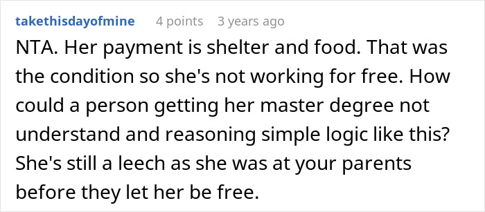 Reddit comment discussing sister refusing to babysit and clean, highlighting refusal to house sister any longer.