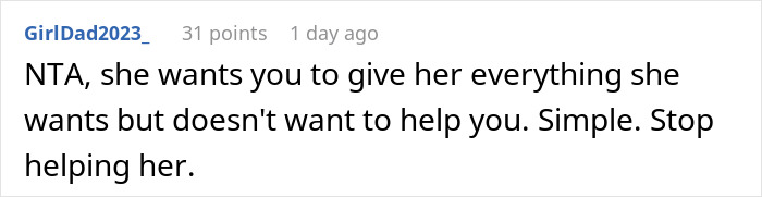 Screenshot of an online comment explaining a woman repeatedly asks for favors from family but never reciprocates when they need help.