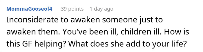Screenshot of a Reddit comment discussing a woman repeatedly waking up her boyfriend as soon as she wakes up.