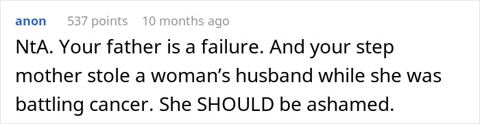 Screenshot of a comment criticizing an embarrassing step mother relationship affair involving betrayal during illness.