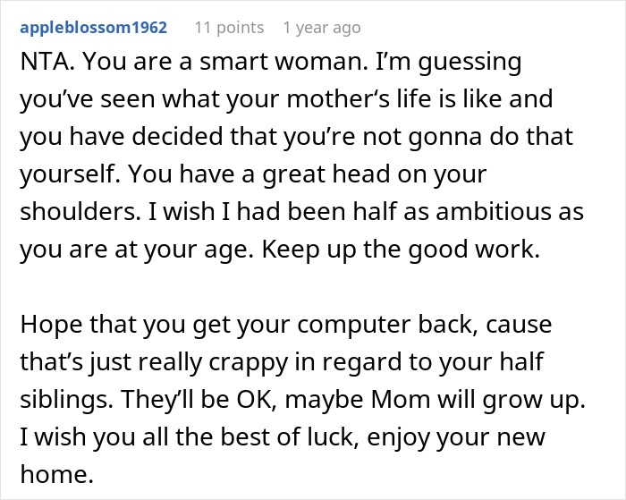 Alt text: Reddit comment offering support to a teen finally escaping a horrible family after a step-father misstep.