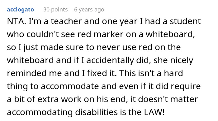 Comment discussing a teacher&rsquo;s experience accommodating a colorblind student&rsquo;s needs in the classroom.