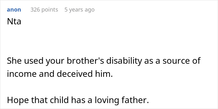 Screenshot of a forum comment discussing a woman who realizes her late brother&rsquo;s baby isn&rsquo;t his after testing suspicions.