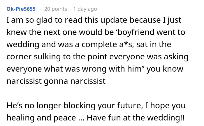 Comment describing man&rsquo;s reaction to girlfriend doing maid of honor duties at friend&rsquo;s wedding, revealing his true face.