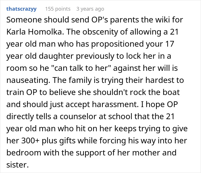 Comment discussing a boyfriend confession involving younger sister trouble and family ignoring harassment concerns.