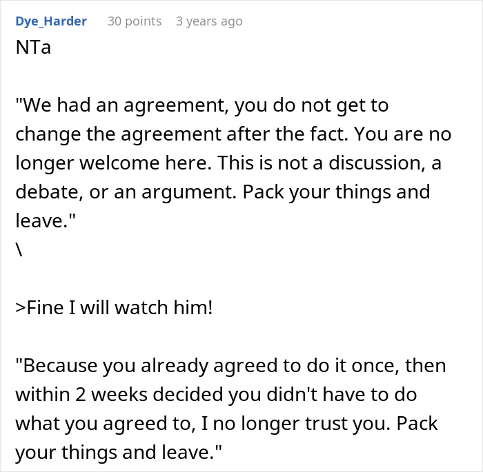 Text excerpt discussing a woman refusing to house her sister after she refuses to babysit and clean.