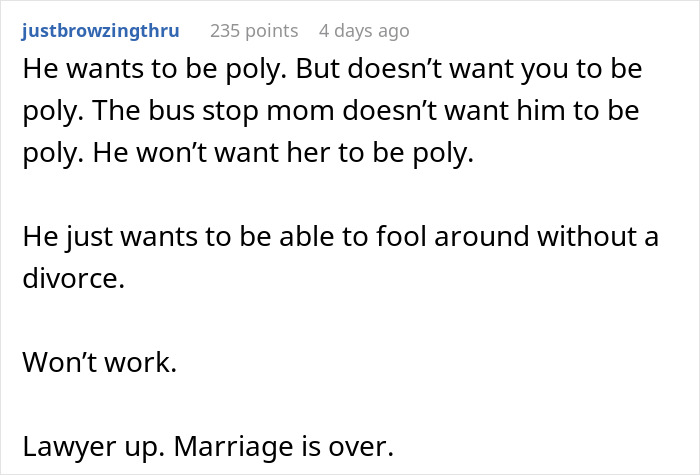 Text post discussing a man in a poly relationship and issues with his depressed wife and marriage ending.