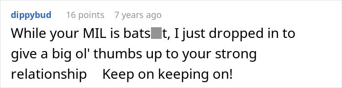Screenshot of a comment praising a strong relationship amid a MIL trying to catfish to prove cheating, which backfires spectacularly.