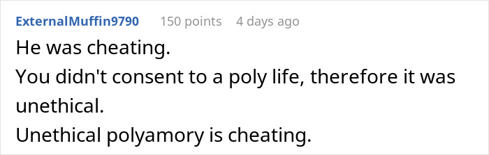 Comment about unethical polyamory posted on a forum, highlighting consent and cheating in relationships.