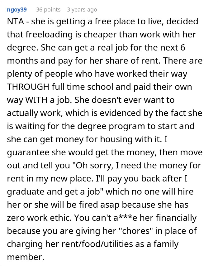 Comment about woman refusing to house sister who refuses to babysit and clean, highlighting child-free lifestyle reasons.