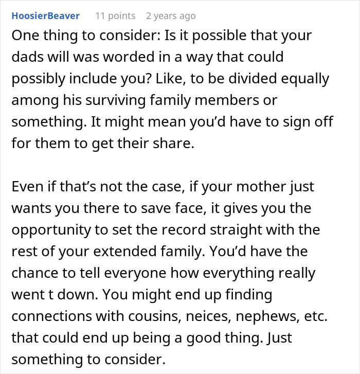 Comment discussing a woman wanting to reconcile with her son after 32 years and the son's realization of her reasons.