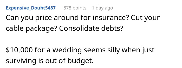 Comment suggesting to price shop insurance and cut costs amid a man&rsquo;s $500 insurance hike causing relationship stress.