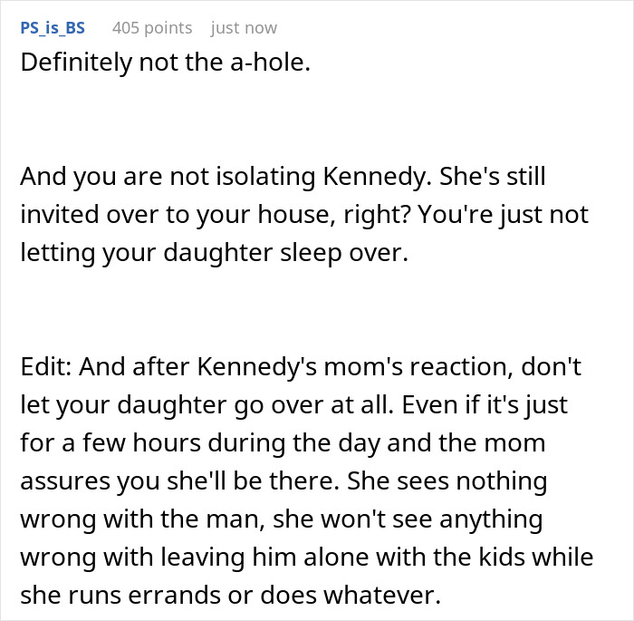 Text conversation about a mom pulling the plug on a sleepover after daughter's friend's dad gives creepy vibes and flirts.