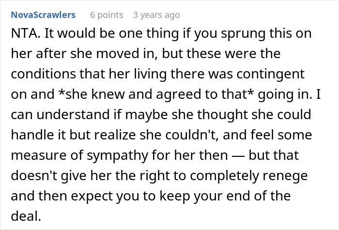 Comment explaining refusal to house sister due to her refusal to babysit and clean, highlighting child-free choice.