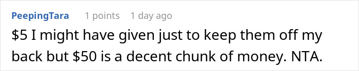 Comment discussing refusal to contribute $50 to a coworker's retirement gift due to difficult workplace experience.