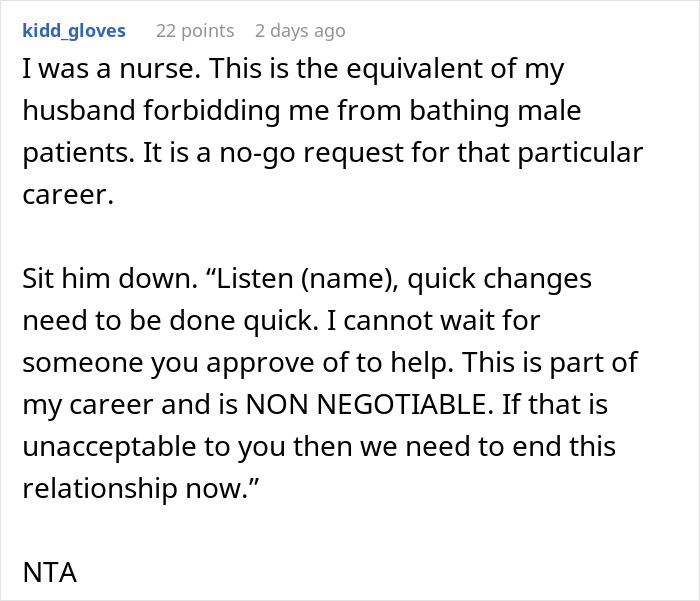 Comment discussing a guy who can’t handle actress girlfriend changing clothes in front of other men, suggesting quick change advice.