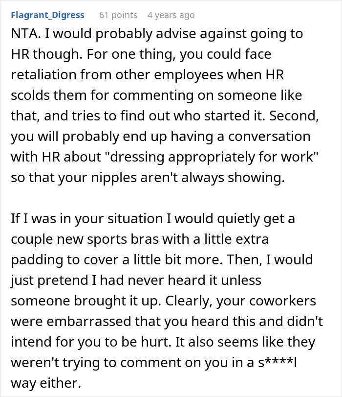 Screenshot of a Reddit comment advising to buy new sports bras after learning about embarrassing work nickname.