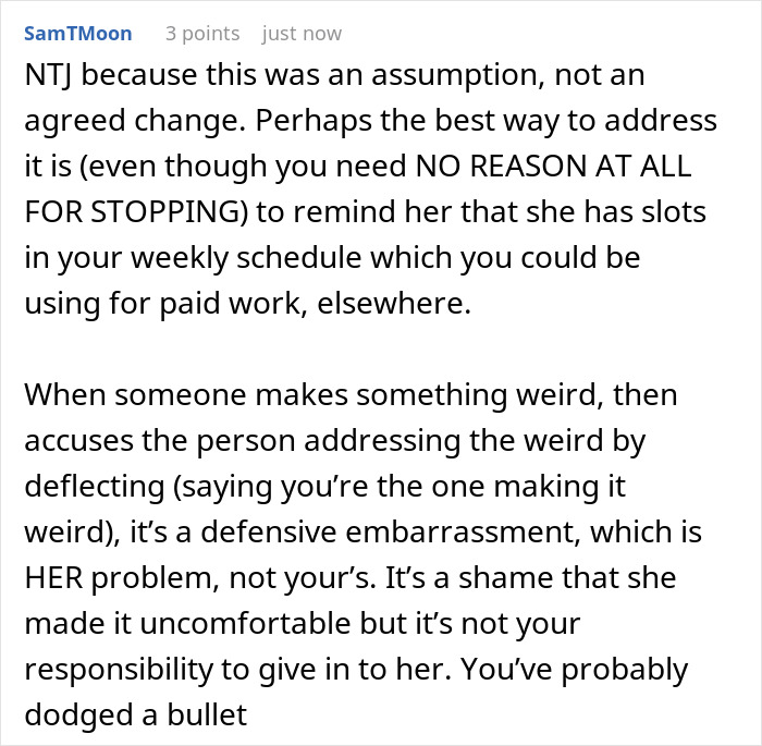 Comment discussing neighbor dog walking pay issues and boundaries in deserts, addressing assumptions and communication.