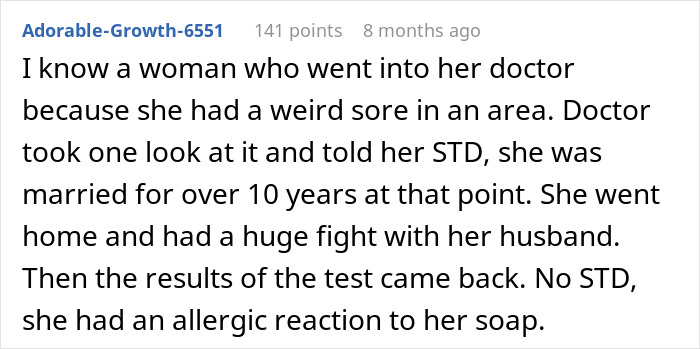 Comment text describing a story of confusion involving a woman and her health issue, capturing lesbian couple confusion partner pregnant context.