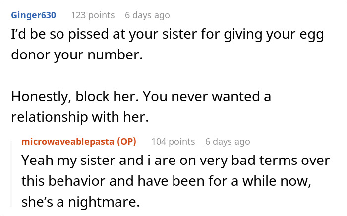 Reddit conversation showing adoptee upset over birth mom using DNA for sudden cash grab accusations.