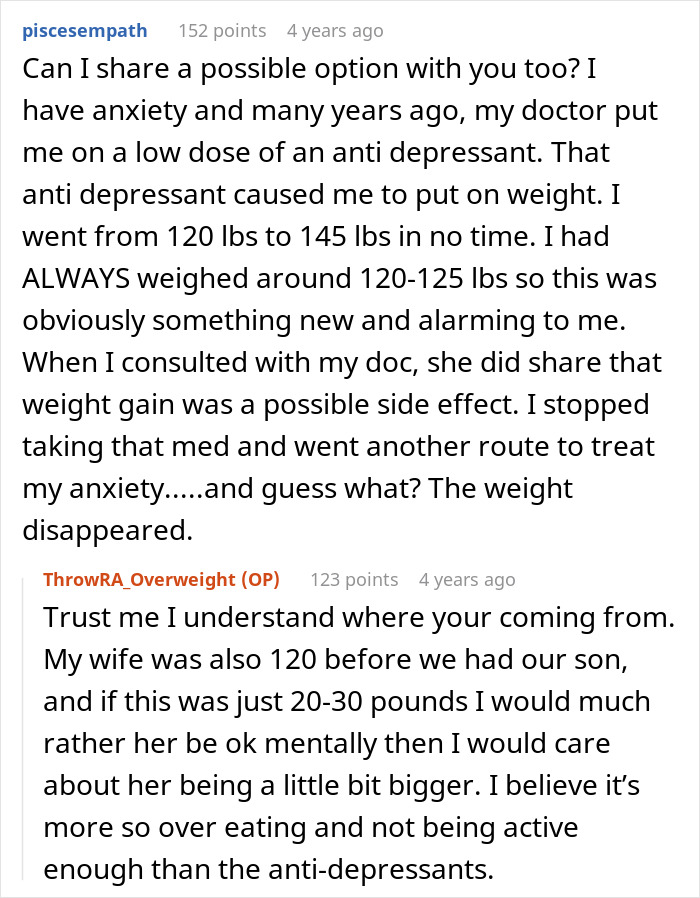 Conversation between users discussing a husband struggling to accept his wife&rsquo;s weight gain and causes of weight changes.